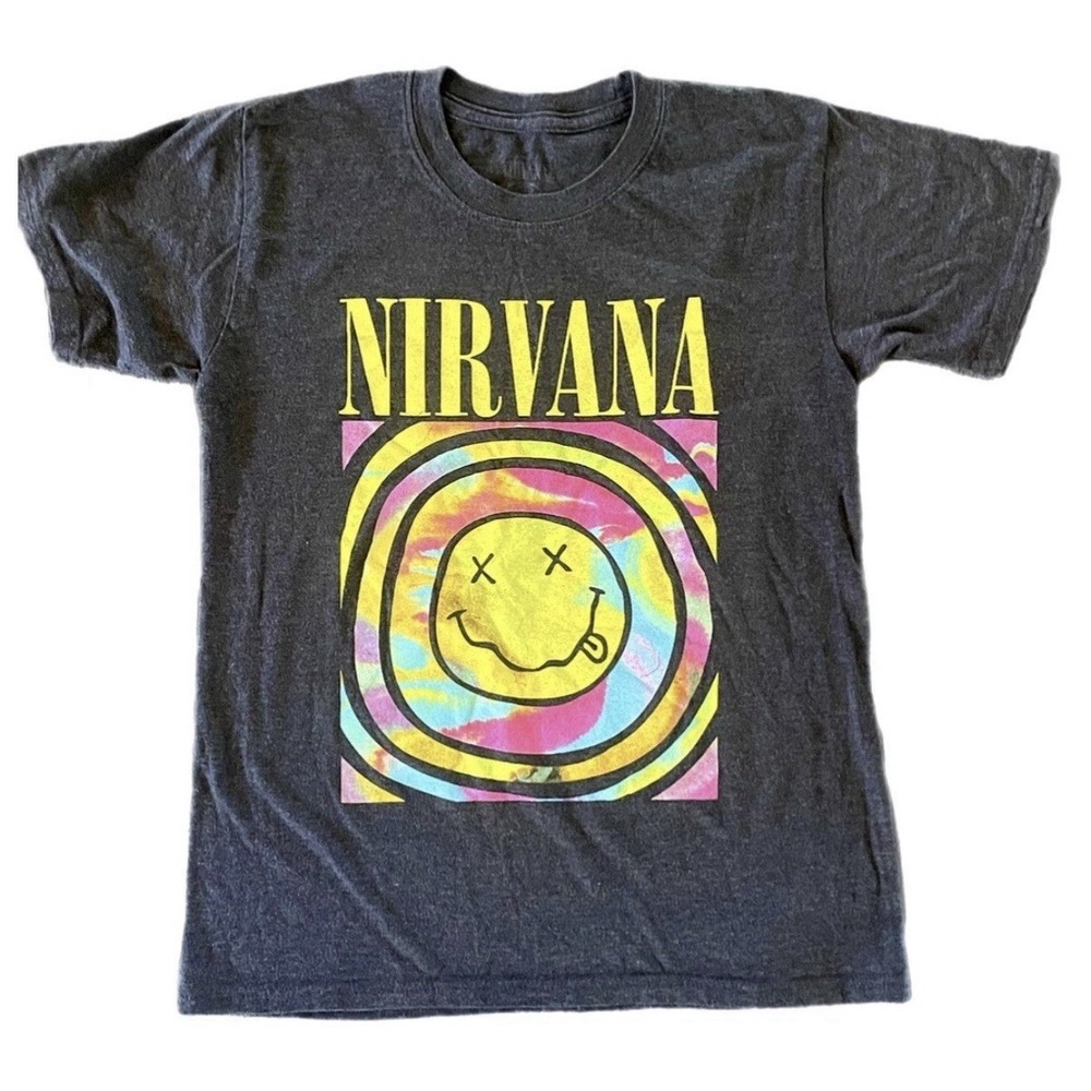 Women's Size Small S Nirvana Gray Rainbow Smiley Band Tee Shirt 90's Band